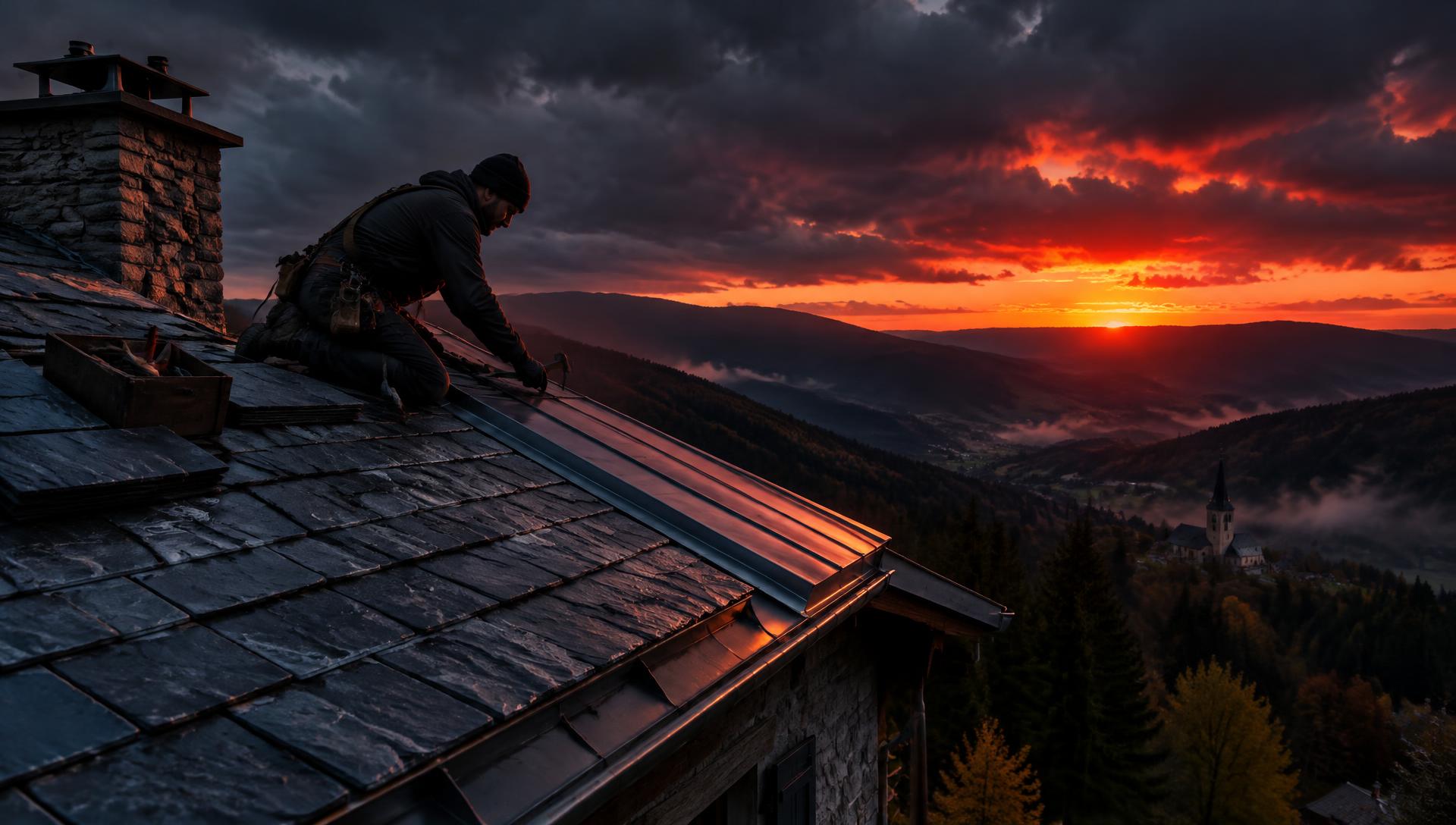 Couvreur au travail sur une toiture dans les Vosges